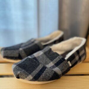 Toms Alpargata Women Black Flannel Plaid Shearling Lined Slip On Flats W 8.5